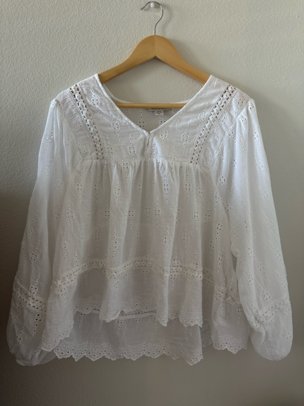 American Eagle White Eyelet Lace Long Sleeve Blouse